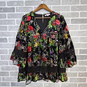 DR2 Top Women's Large Floral‎ Lace Velvet Burnout Bell Sleeve Flowy Lined Tunic